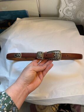 Brighton Vintage Brown Leather Belt with Celtic Silver-Tone Buckle